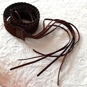 Ladies brown leather woven fringe belt